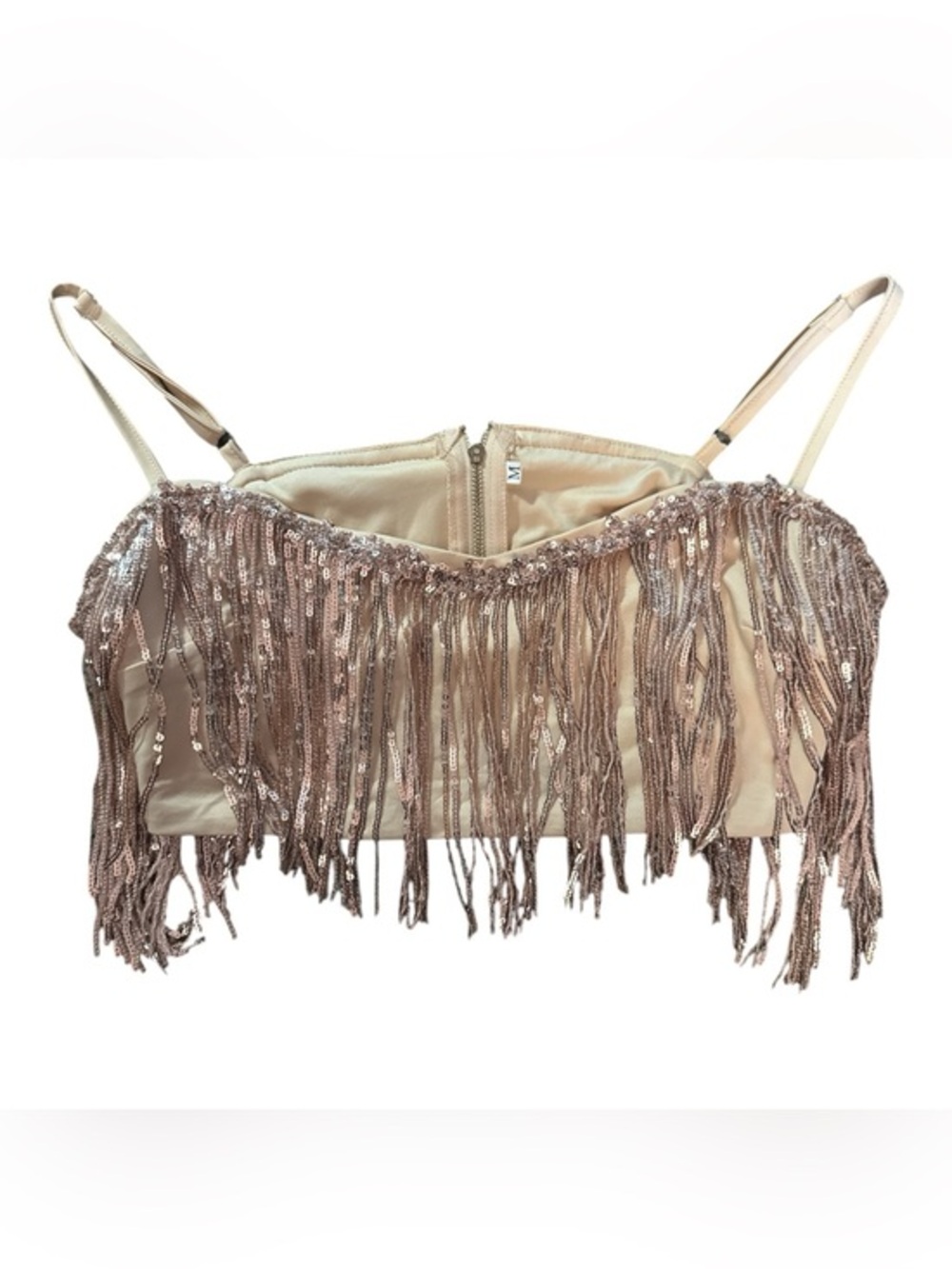 Women's Sequin Shimmer Western-wear Fringe Crop Top - Champagne Glamour Costume